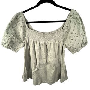 Lucky Brand Sage Green Eyelet Square Neck Peasant Top Boho Size Medium NWOT